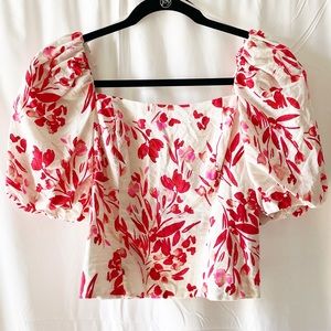 Puff Sleeve Cotton and Linen Floral Blouse